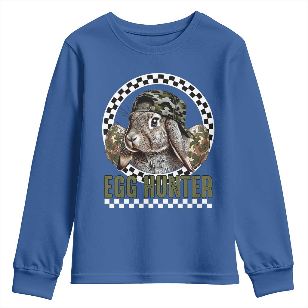 Funny Easter Day Egg Hunter Youth Sweatshirt Bunny Hunting Camo Egg TS11 Royal Blue Print Your Wear
