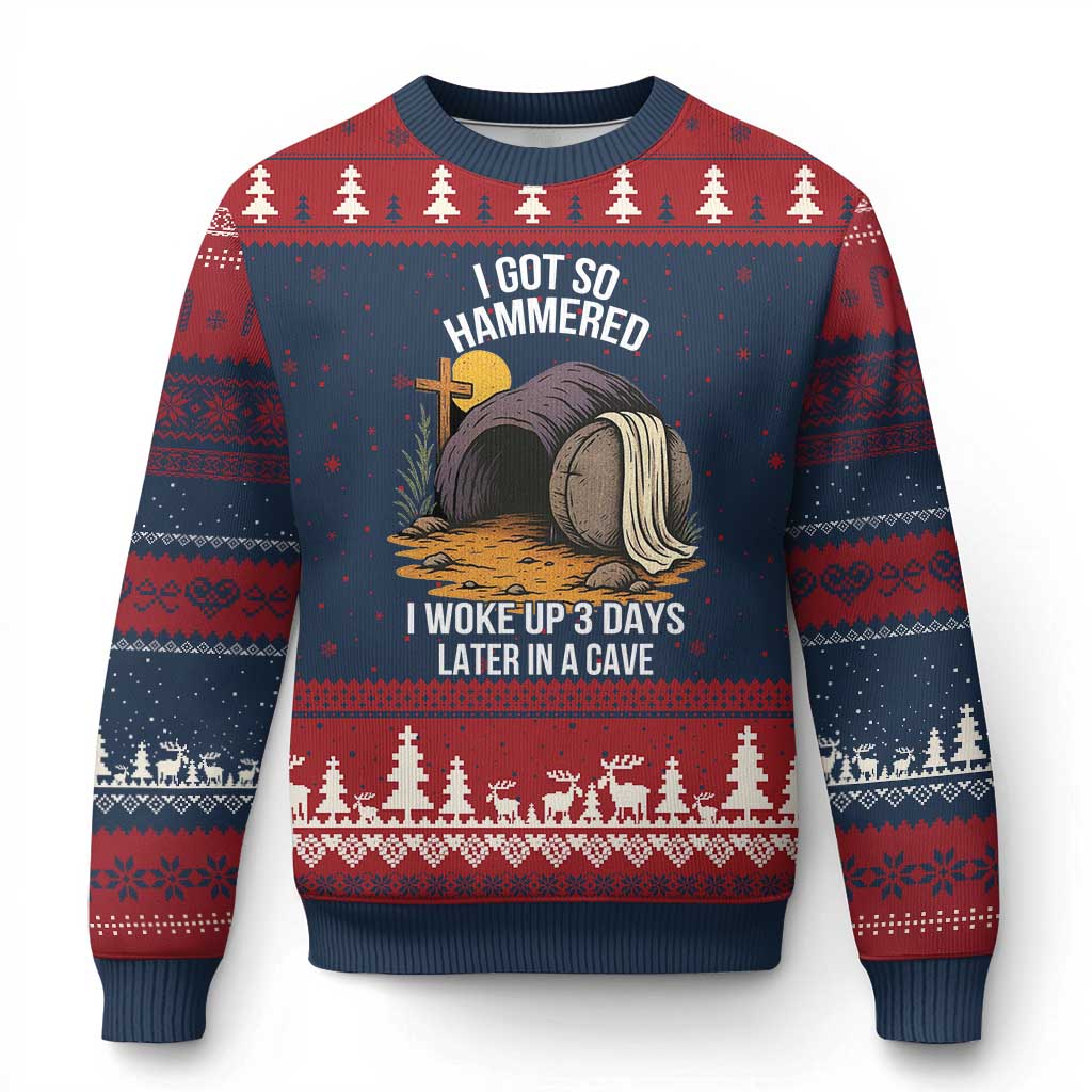 Christian Easter Day Religious Stone Ugly Christmas Sweater I Got So Hammered I Woke Up 3 Days Later In A Cave TS11 Navy Red Print Your Wear