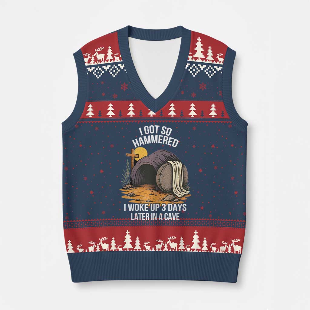 Christian Easter Day Religious Stone V-Neck Knit Sweater Vest I Got So Hammered I Woke Up 3 Days Later In A Cave TS11 Navy Red Print Your Wear