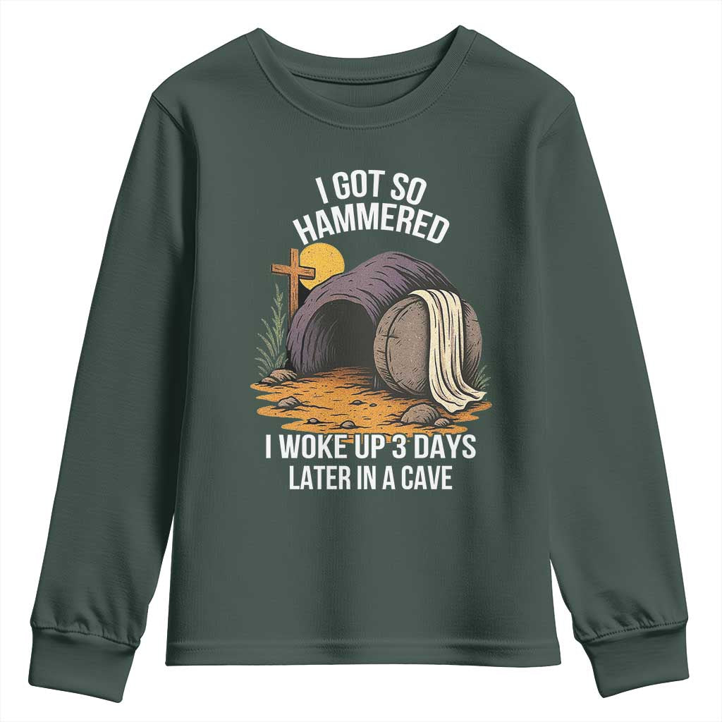Christian Easter Day Religious Stone Youth Sweatshirt I Got So Hammered I Woke Up 3 Days Later In A Cave TS11 Dark Forest Green Print Your Wear