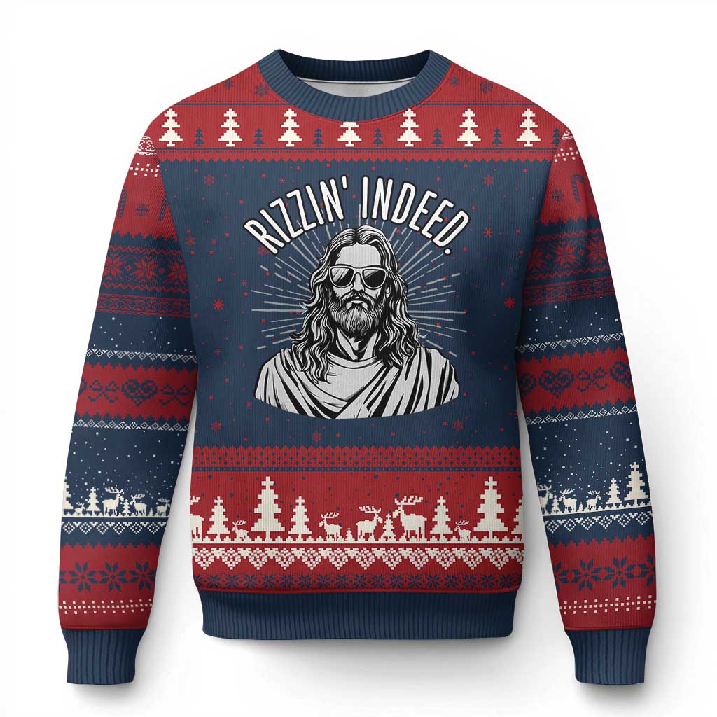 Funny Religious Christian Jesus Meme Ugly Christmas Sweater Rizzin Indeed TS11 Navy Red Print Your Wear