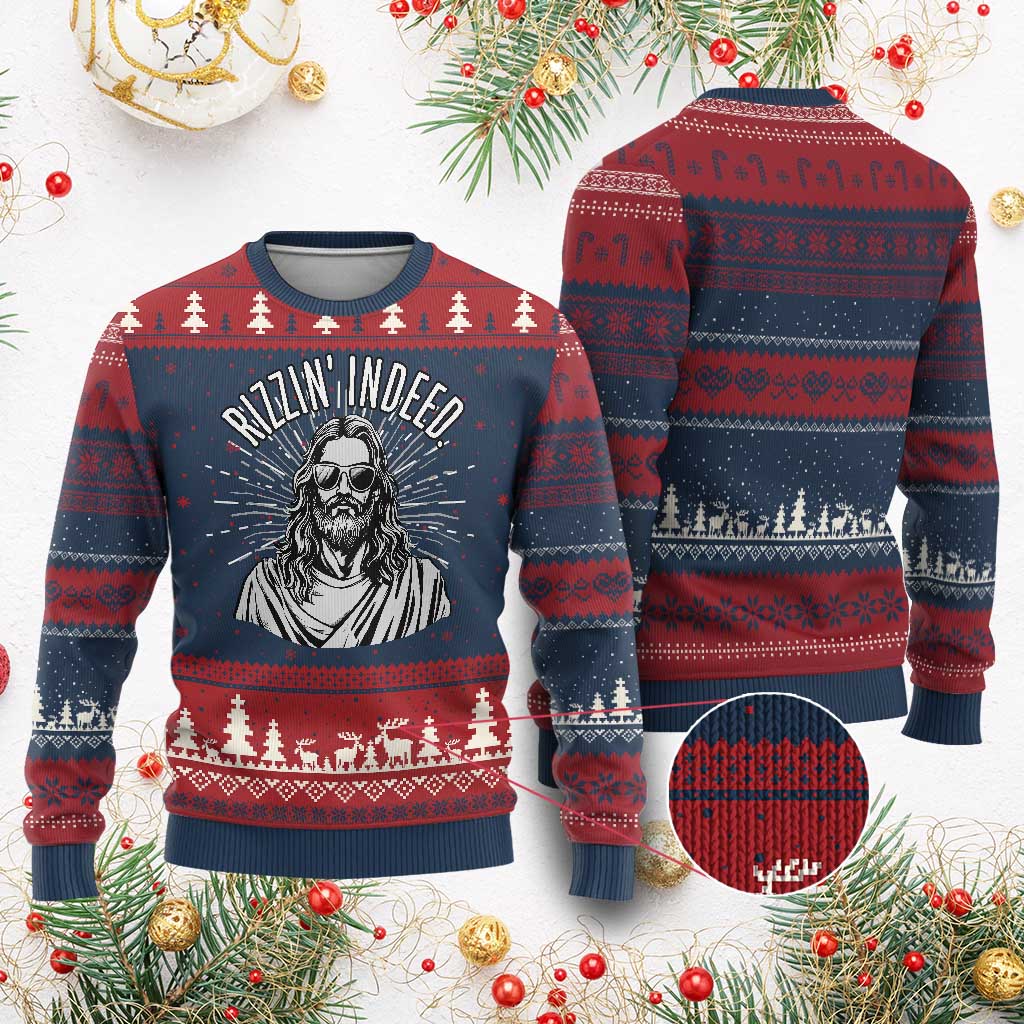 Funny Religious Christian Jesus Meme Knit Sweatshirt Rizzin Indeed TS11 Burgundy Print Your Wear