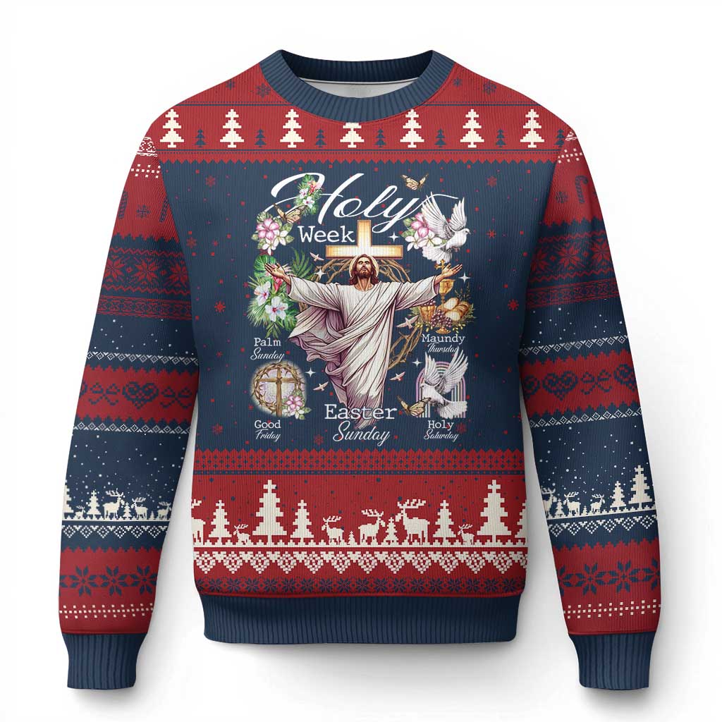 Religious Christian Easter Holy Week Christ Jesus Ugly Christmas Sweater TS11 Navy Red Print Your Wear