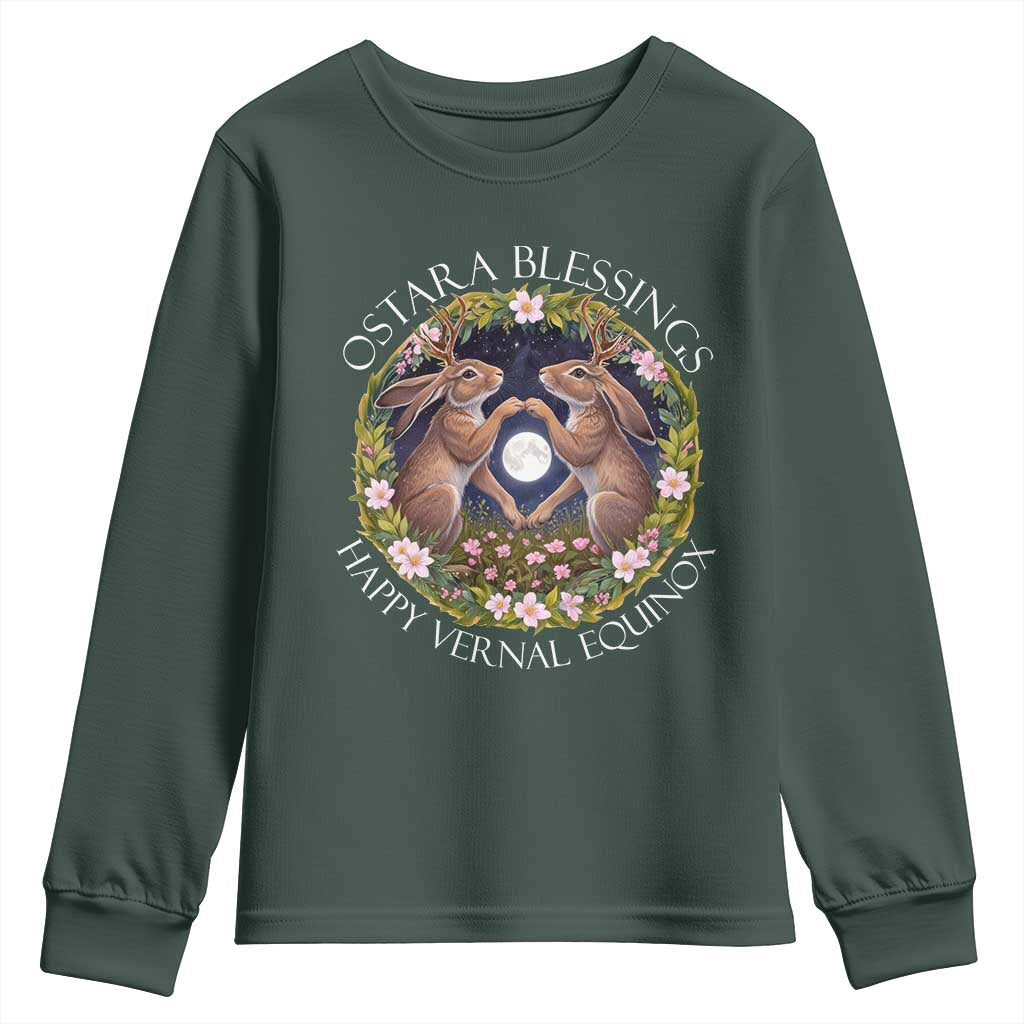 Ostara Blessings Happy Vernal Equinox Youth Sweatshirt Ostara Pagan Eostre Easter Day Wolpertinger TS11 Dark Forest Green Print Your Wear