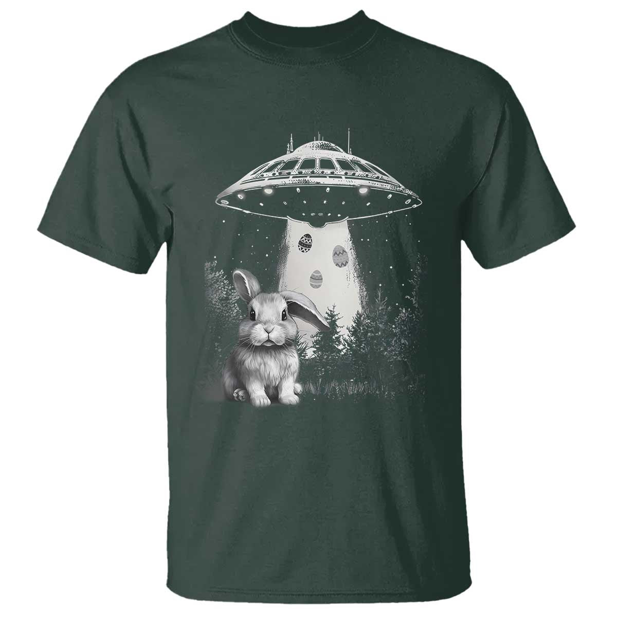 Funny Easter Day UFO Bunny Alien Eggs T Shirt TS11 Dark Forest Green Print Your Wear