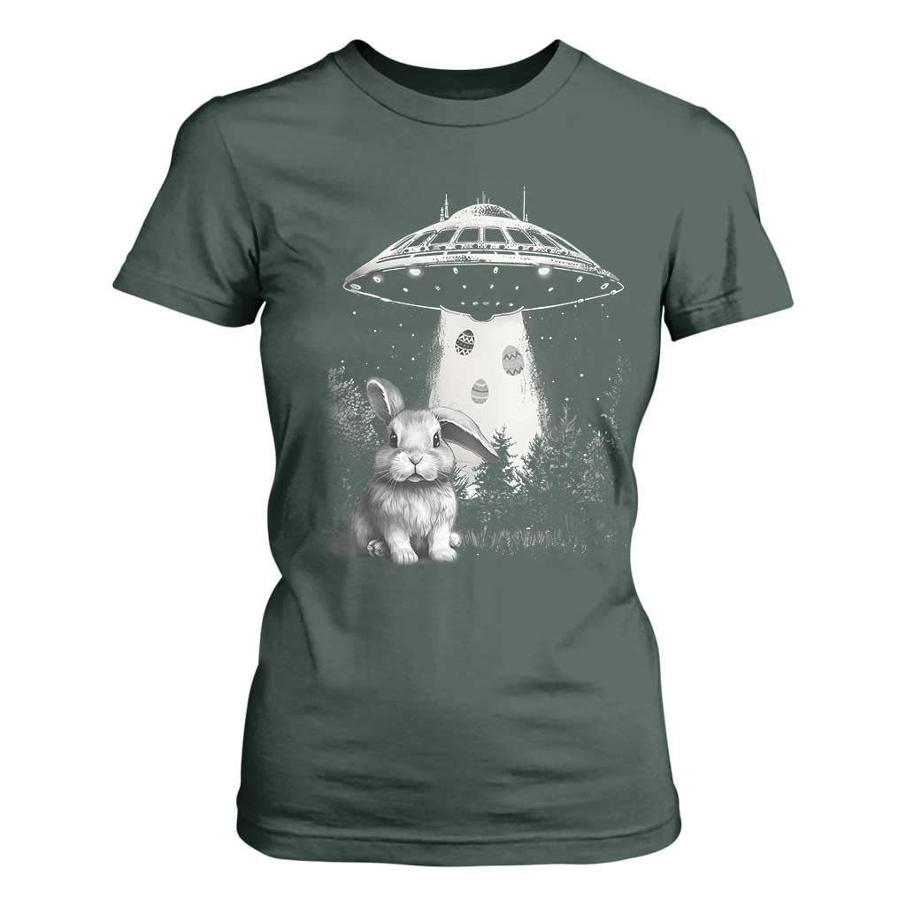 Funny Easter Day UFO Bunny Alien Eggs T Shirt For Women TS11 Dark Forest Green Print Your Wear