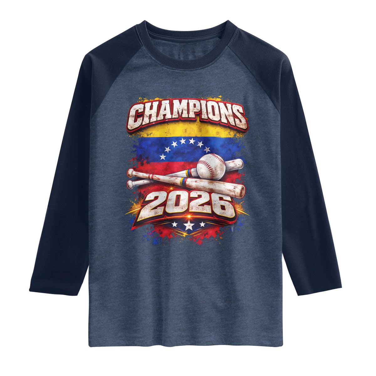 Venezuela Champions 2026 Baseball Lover Venezuelan Flag Raglan Shirt TS11 Heather Denim Navy Print Your Wear
