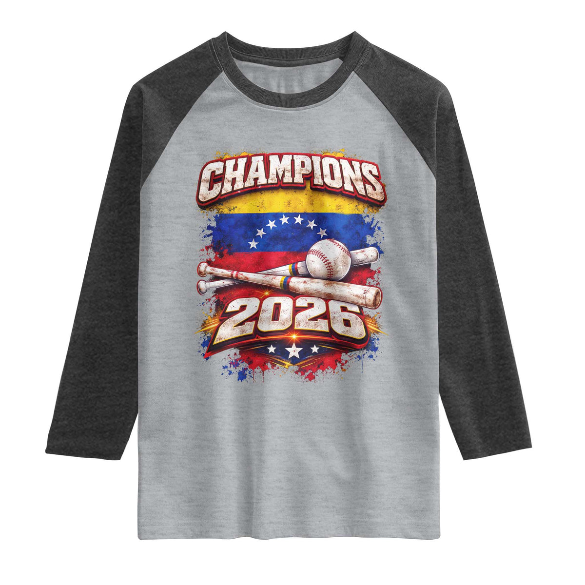 Venezuela Champions 2026 Baseball Lover Venezuelan Flag Raglan Shirt TS11 Heather Gray Heather Charcoal Print Your Wear