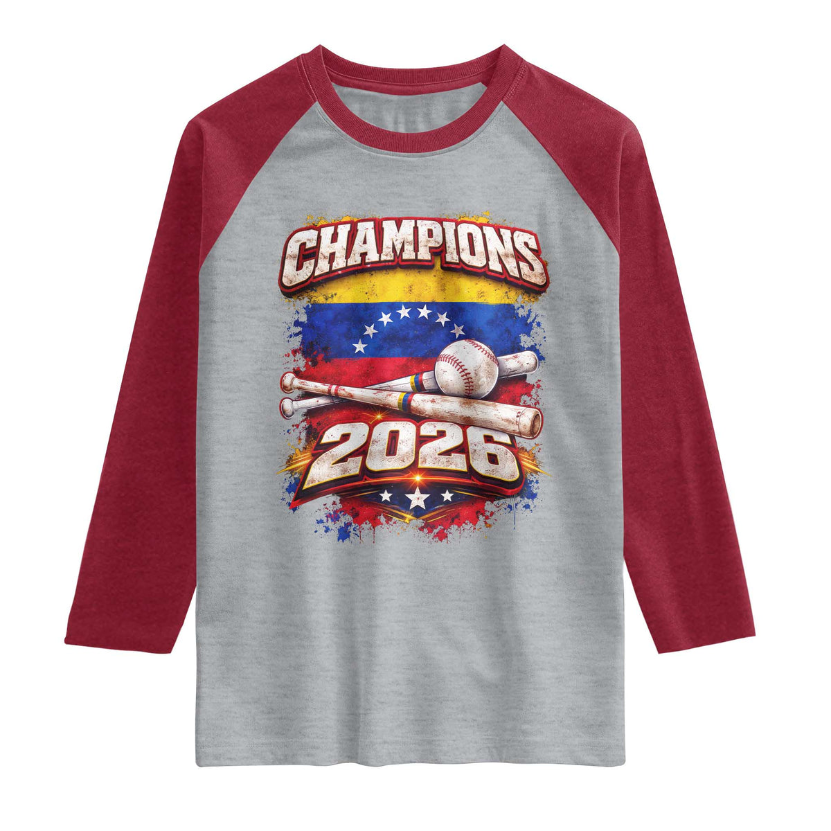 Venezuela Champions 2026 Baseball Lover Venezuelan Flag Raglan Shirt TS11 Heather Gray Heather Red Print Your Wear