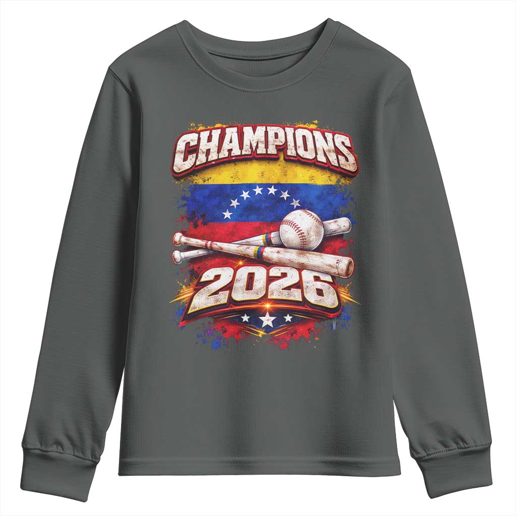 Venezuela Champions 2026 Baseball Lover Venezuelan Flag Youth Sweatshirt TS11 Dark Heather Print Your Wear
