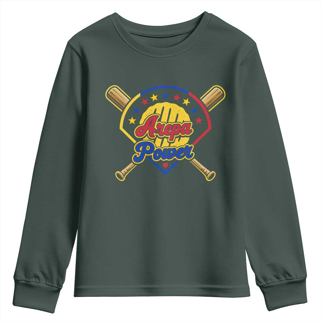 Arepa Power Venezuela Baseball Lover Youth Sweatshirt Venezuelan Pride TS11 Dark Forest Green Print Your Wear