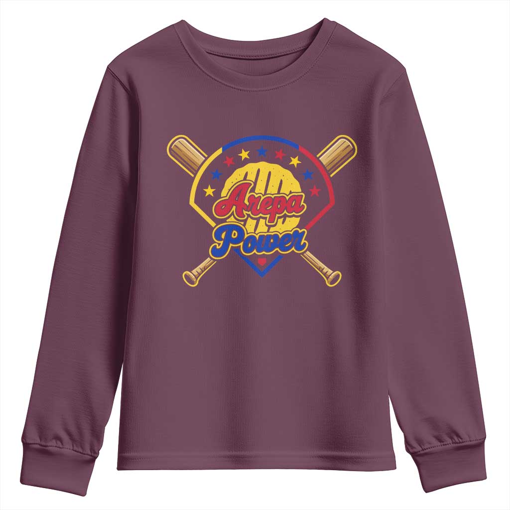 Arepa Power Venezuela Baseball Lover Youth Sweatshirt Venezuelan Pride TS11 Maroon Print Your Wear