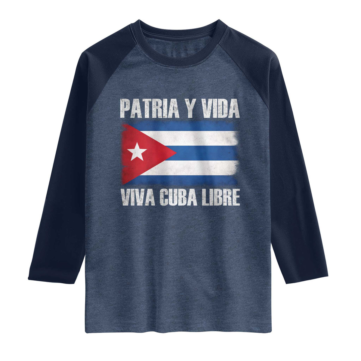 Patria y Vida Cuba Libre Raglan Shirt Freedom Patriotic Cuban Flag TS11 Heather Denim Navy Print Your Wear