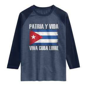 Patria y Vida Cuba Libre Raglan Shirt Freedom Patriotic Cuban Flag TS11 Heather Denim Navy Print Your Wear
