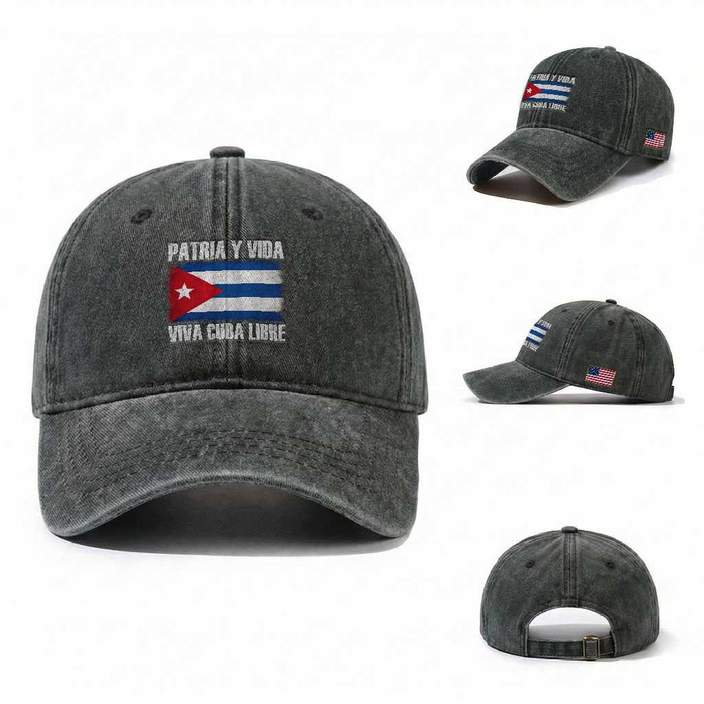 Patria y Vida Cuba Libre Washed Cotton Baseball Cap Freedom Patriotic Cuban Flag TS11 Washed Cap Universal Fit Dark Green Print Your Wear