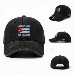 Patria y Vida Cuba Libre Washed Cotton Baseball Cap Freedom Patriotic Cuban Flag TS11 Washed Cap Universal Fit Black Print Your Wear