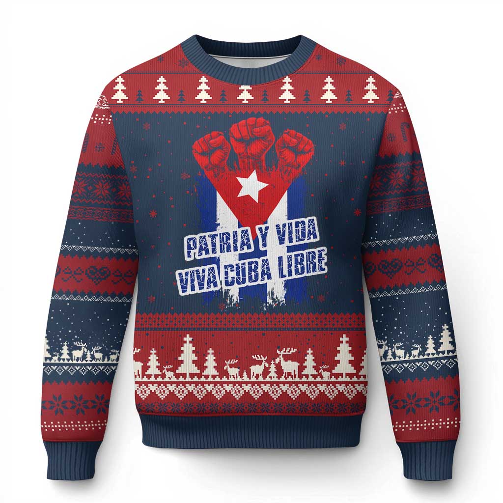 Patria y Vida Cuba Libre Ugly Christmas Sweater Cuba Flag Fist Freedom Movement TS11 Navy Red Print Your Wear