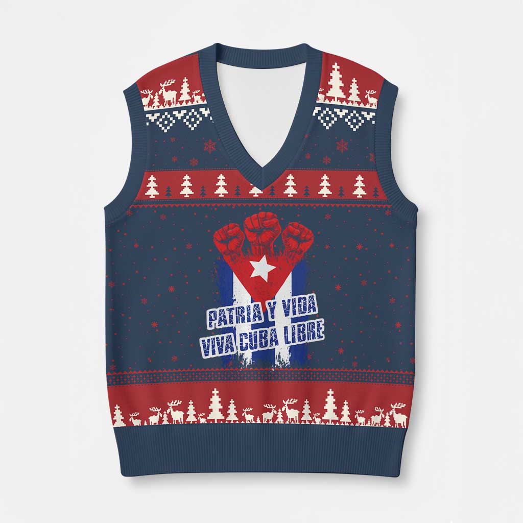Patria y Vida Cuba Libre V-Neck Knit Sweater Vest Cuba Flag Fist Freedom Movement TS11 Navy Red Print Your Wear