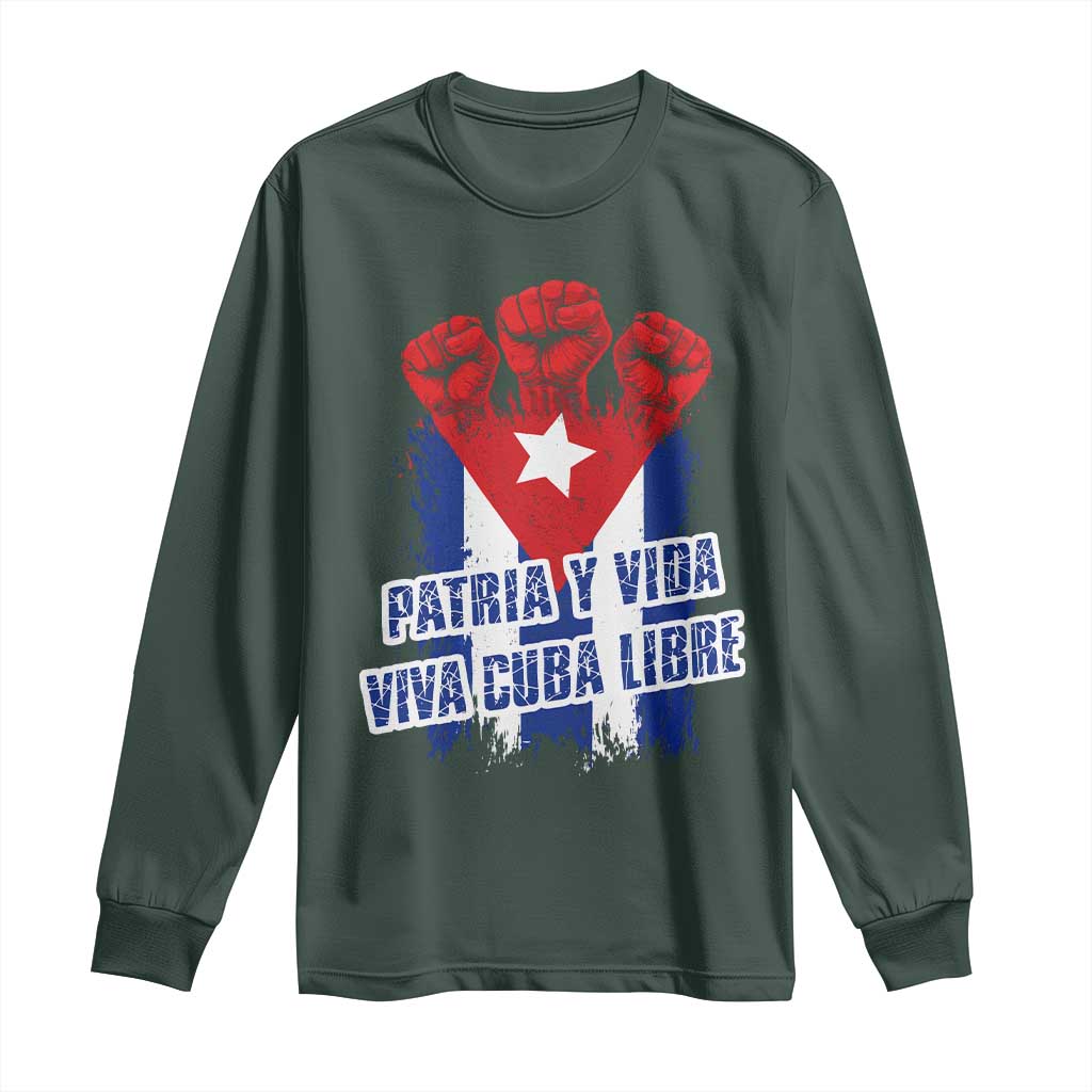 Patria y Vida Cuba Libre Long Sleeve Shirt Cuba Flag Fist Freedom Movement TS11 Dark Forest Green Print Your Wear