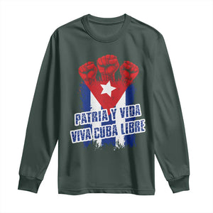Patria y Vida Cuba Libre Long Sleeve Shirt Cuba Flag Fist Freedom Movement TS11 Dark Forest Green Print Your Wear