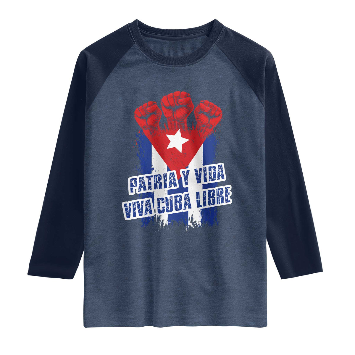 Patria y Vida Cuba Libre Raglan Shirt Cuba Flag Fist Freedom Movement TS11 Heather Denim Navy Print Your Wear