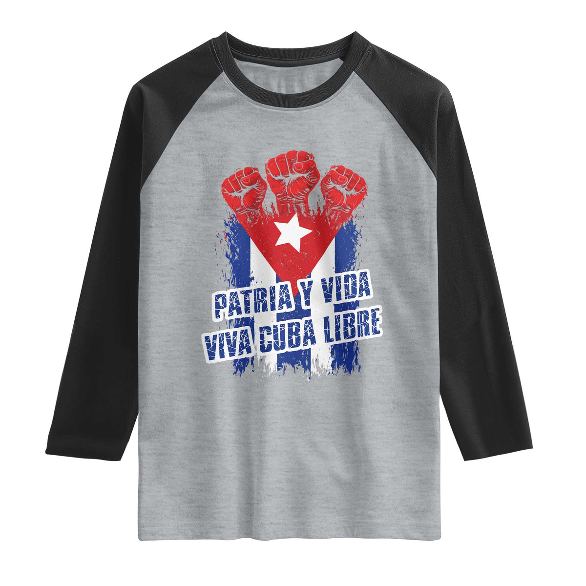 Patria y Vida Cuba Libre Raglan Shirt Cuba Flag Fist Freedom Movement TS11 Heather Gray Black Print Your Wear