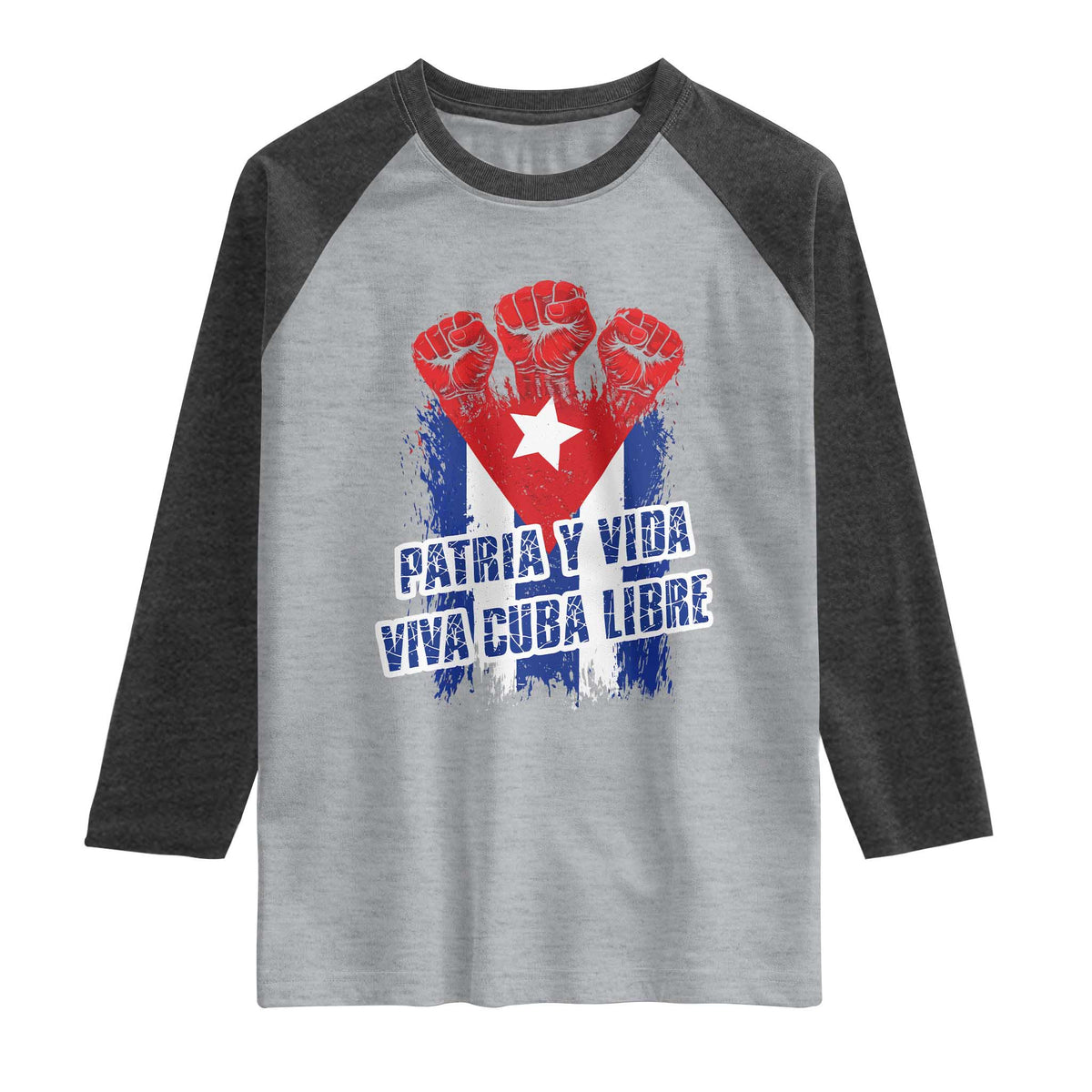 Patria y Vida Cuba Libre Raglan Shirt Cuba Flag Fist Freedom Movement TS11 Heather Gray Heather Charcoal Print Your Wear