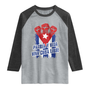 Patria y Vida Cuba Libre Raglan Shirt Cuba Flag Fist Freedom Movement TS11 Heather Gray Heather Charcoal Print Your Wear