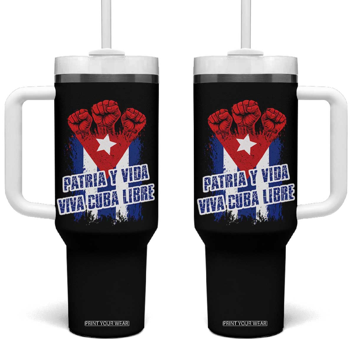 Patria y Vida Cuba Libre Tumbler With Handle Cuba Flag Fist Freedom Movement TS11 One Size: 40 oz Black Print Your Wear