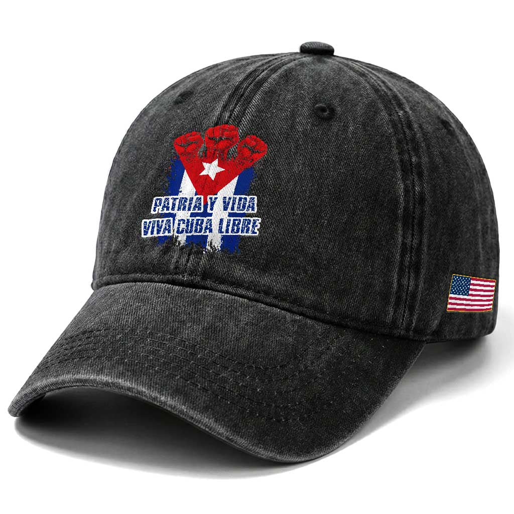 Patria y Vida Cuba Libre Washed Cotton Baseball Cap Cuba Flag Fist Freedom Movement TS11 Print Your Wear