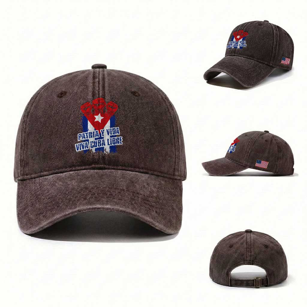 Patria y Vida Cuba Libre Washed Cotton Baseball Cap Cuba Flag Fist Freedom Movement TS11 Washed Cap Universal Fit Dark Brown Print Your Wear