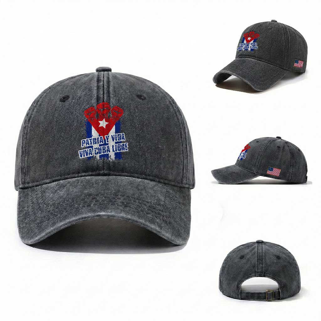 Patria y Vida Cuba Libre Washed Cotton Baseball Cap Cuba Flag Fist Freedom Movement TS11 Washed Cap Universal Fit Dark Gray Print Your Wear