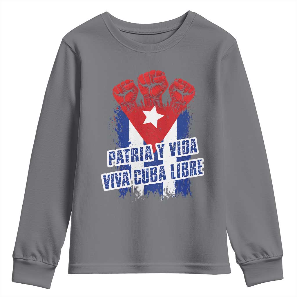 Patria y Vida Cuba Libre Youth Sweatshirt Cuba Flag Fist Freedom Movement TS11 Charcoal Print Your Wear