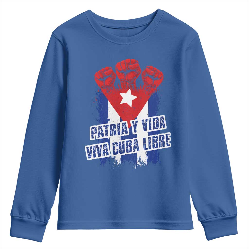 Patria y Vida Cuba Libre Youth Sweatshirt Cuba Flag Fist Freedom Movement TS11 Royal Blue Print Your Wear