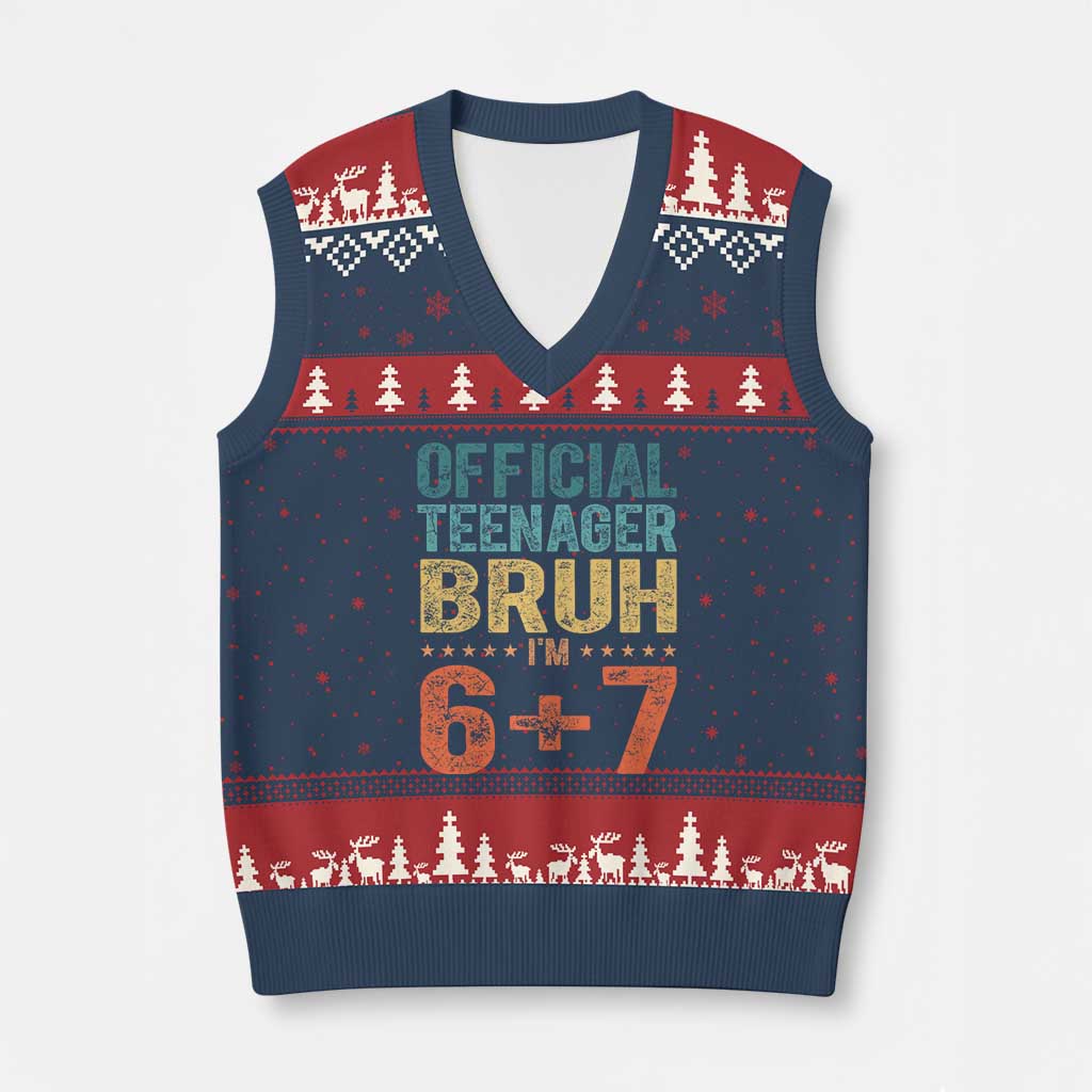 13th Birthday 67 Meme V-Neck Knit Sweater Vest Official Teenager Bruh I Am Six Seven Retro 13 Years Old TS11 Navy Red Print Your Wear
