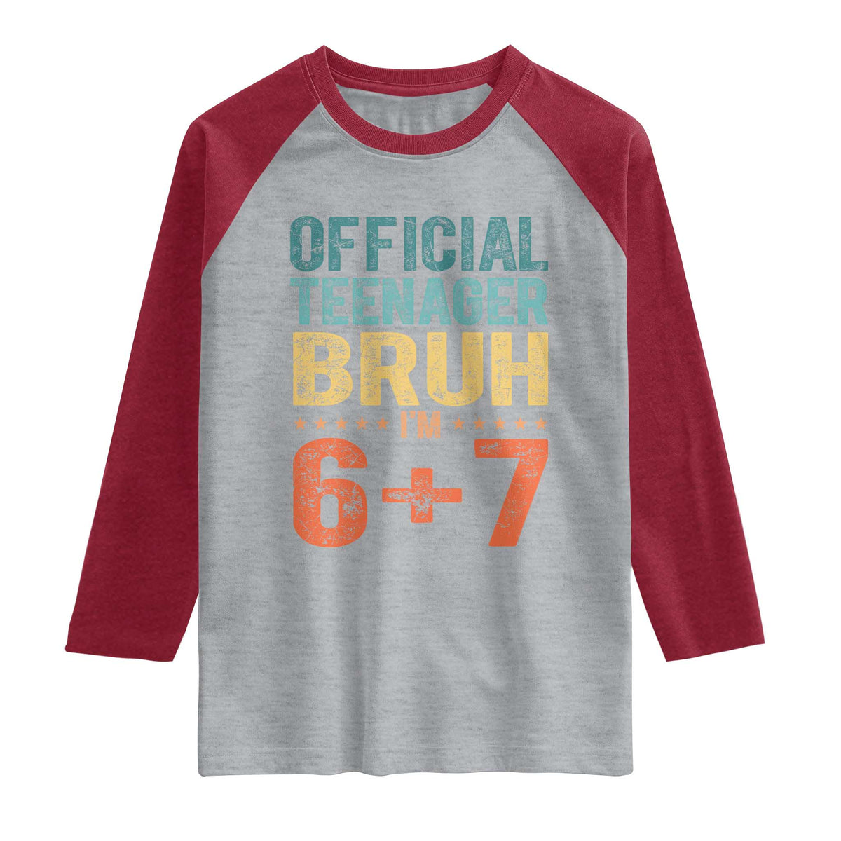 13th Birthday 67 Meme Raglan Shirt Official Teenager Bruh I Am Six Seven Retro 13 Years Old TS11 Heather Gray Heather Red Print Your Wear