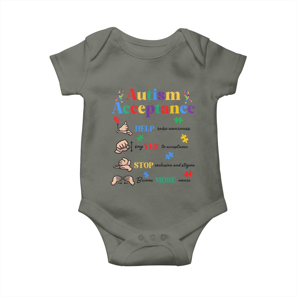 Autism Awareness Acceptance Hand Sign Language SPED Teacher Baby Onesie TS11 Military Green Print Your Wear