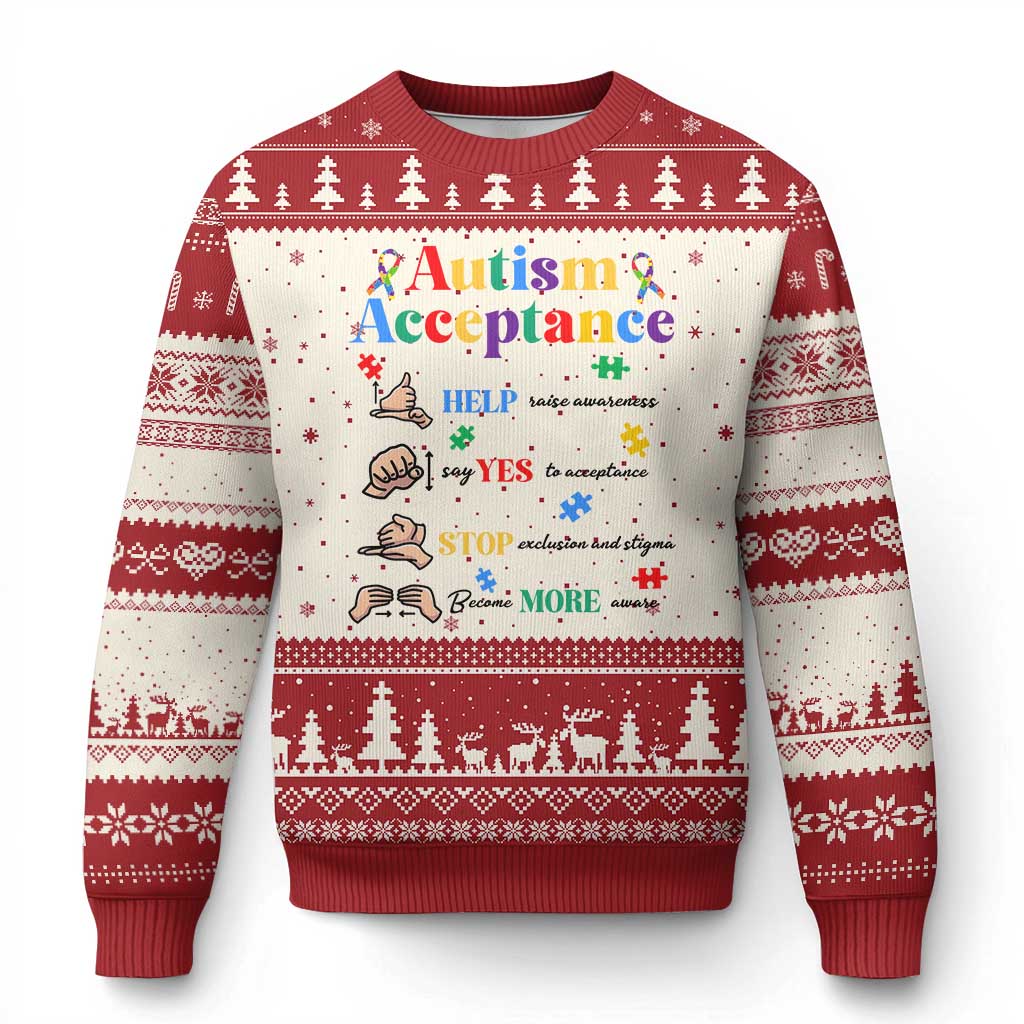 Autism Awareness Acceptance Hand Sign Language SPED Teacher Ugly Christmas Sweater TS11 Beige Red Print Your Wear