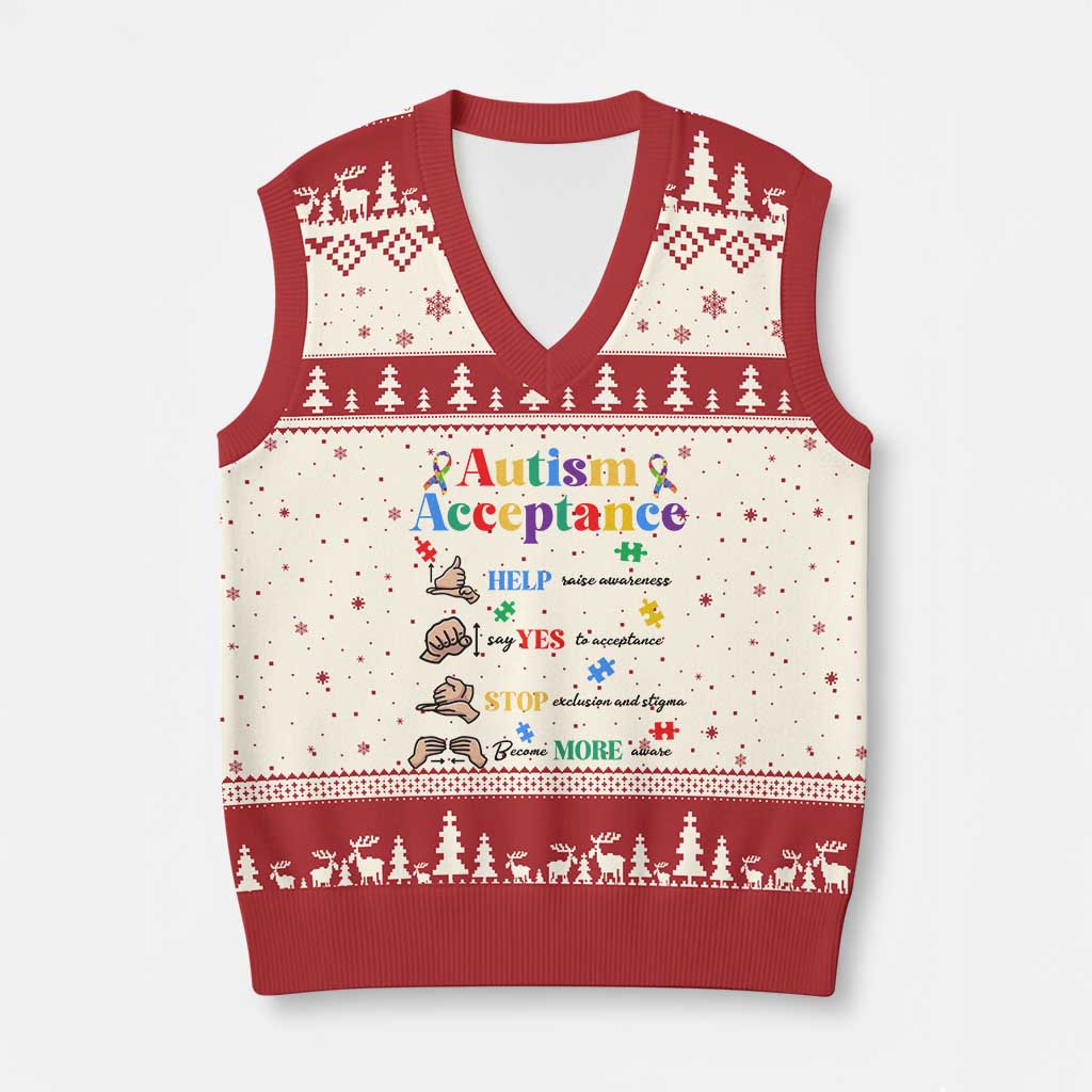 Autism Awareness Acceptance Hand Sign Language SPED Teacher V-Neck Knit Sweater Vest TS11 Beige Red Print Your Wear