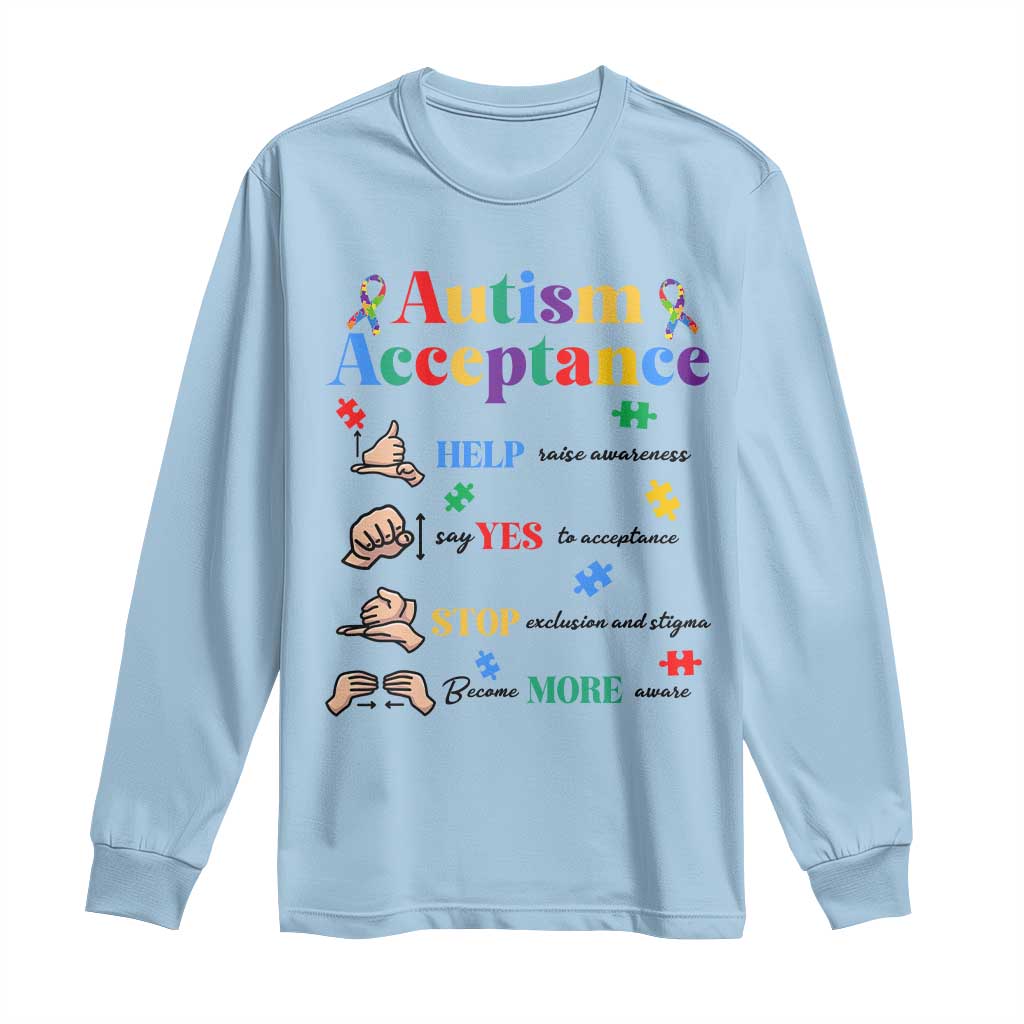 Autism Awareness Acceptance Hand Sign Language SPED Teacher Long Sleeve Shirt TS11 Light Blue Print Your Wear
