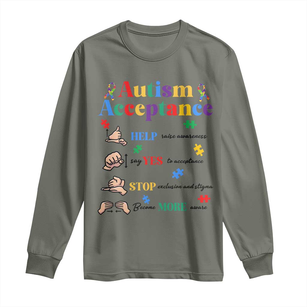 Autism Awareness Acceptance Hand Sign Language SPED Teacher Long Sleeve Shirt TS11 Military Green Print Your Wear