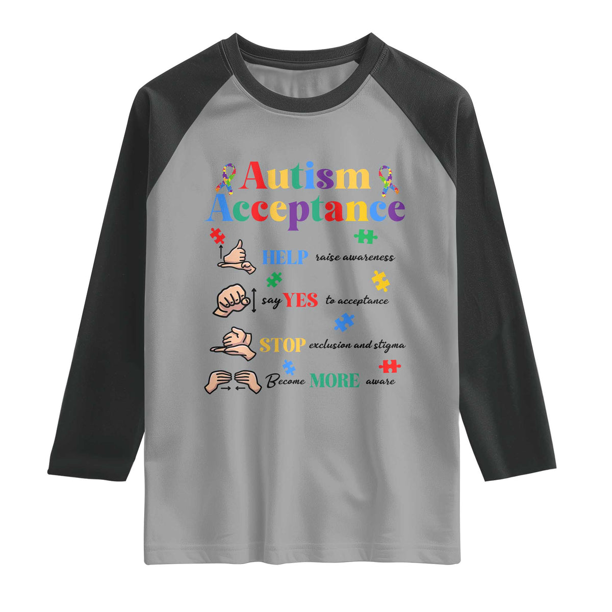Autism Awareness Acceptance Hand Sign Language SPED Teacher Raglan Shirt TS11 Sport Gray Black Print Your Wear