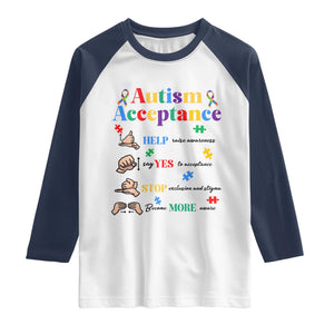 Autism Awareness Acceptance Hand Sign Language SPED Teacher Raglan Shirt TS11 White Navy Print Your Wear