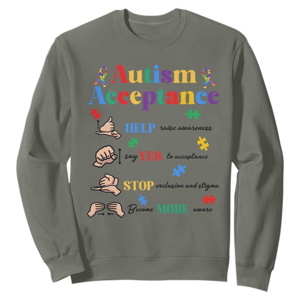 Autism Awareness Acceptance Hand Sign Language SPED Teacher Sweatshirt TS11 Military Green Print Your Wear