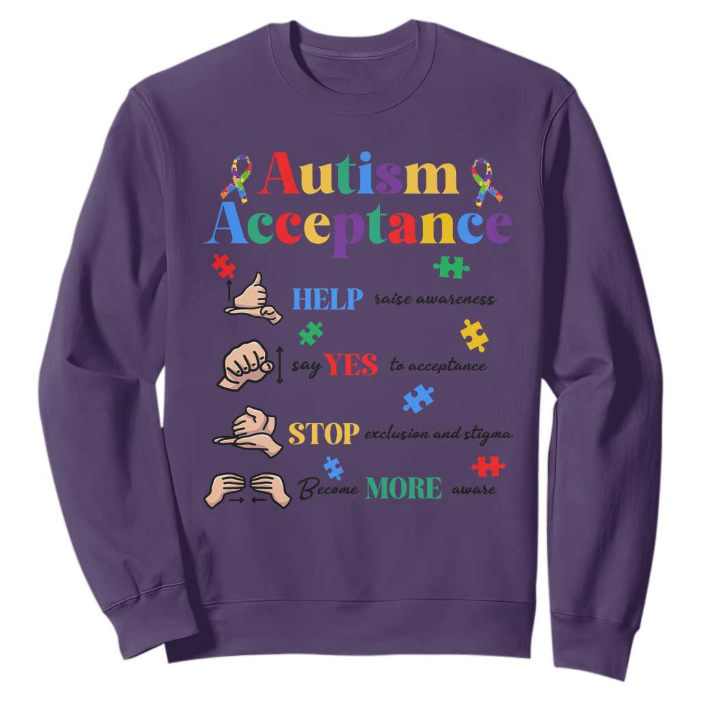 Autism Awareness Acceptance Hand Sign Language SPED Teacher Sweatshirt TS11 Purple Print Your Wear