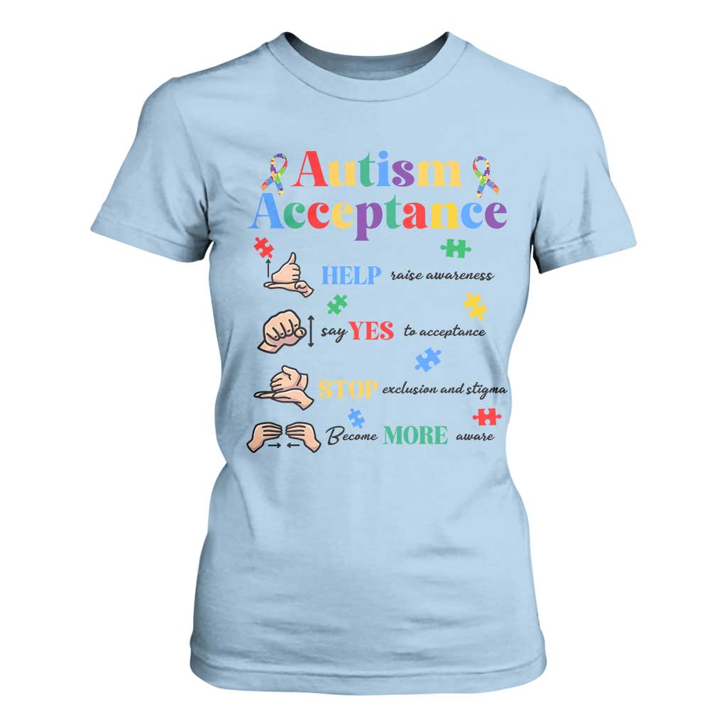 Autism Awareness Acceptance Hand Sign Language SPED Teacher T Shirt For Women TS11 Light Blue Print Your Wear