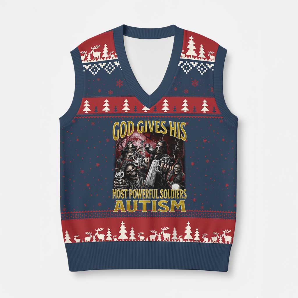 God Gives His Most Powerful Soldiers Autism V-Neck Knit Sweater Vest Funny Hard Skeleton Meme TS11 Navy Red Print Your Wear