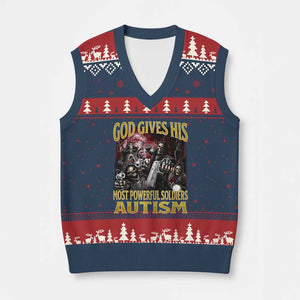 God Gives His Most Powerful Soldiers Autism V-Neck Knit Sweater Vest Funny Hard Skeleton Meme TS11 Navy Red Print Your Wear