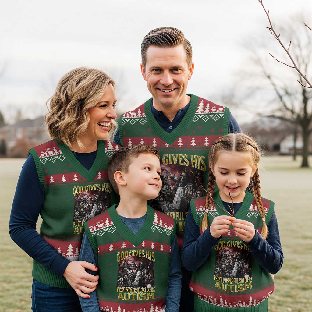 God Gives His Most Powerful Soldiers Autism V-Neck Knit Sweater Vest Funny Hard Skeleton Meme TS11 Red Green Print Your Wear