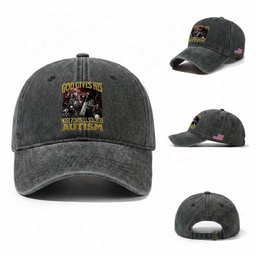 God Gives His Most Powerful Soldiers Autism Washed Cotton Baseball Cap Funny Hard Skeleton Meme TS11 Washed Cap Universal Fit Dark Green Print Your Wear